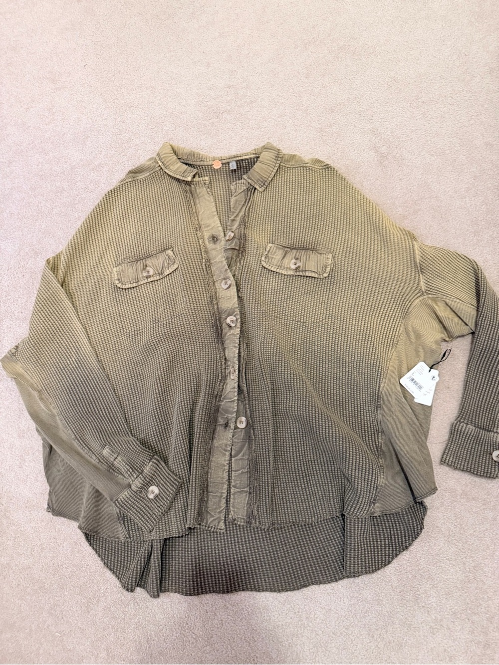 Free People Olive Green Washed Button-Down Waffle Knit Shirt NWT size L